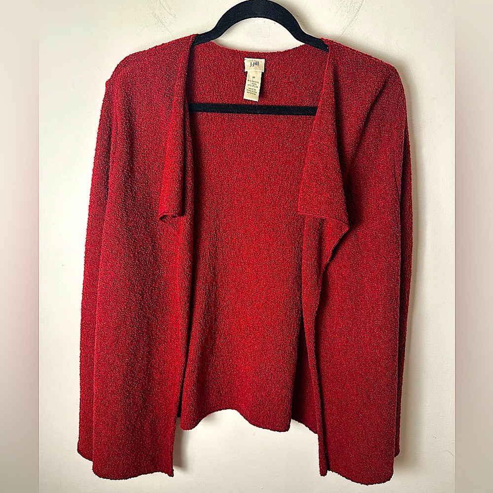 J. JILL Women’s Red Merino Wool Open Front Asymmetrical Cardigan Sweater Medium